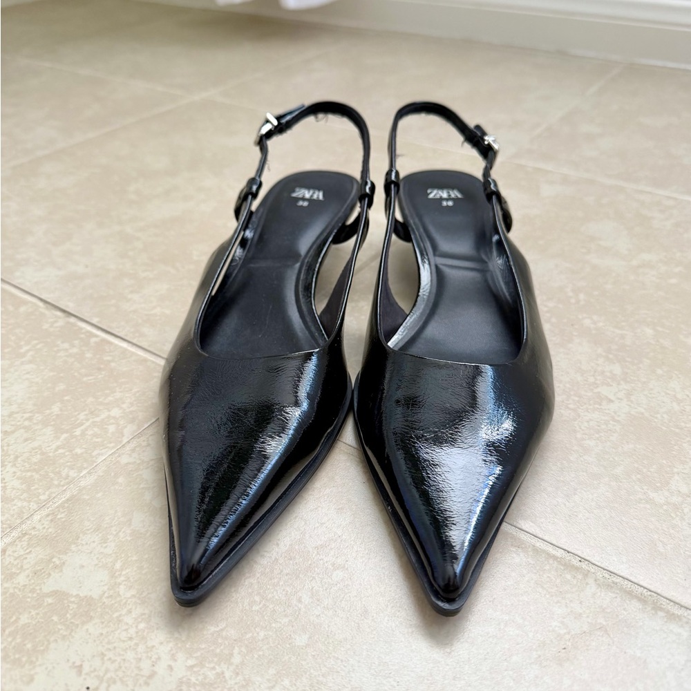 Zara Black Patent Pointed Slingback Mules